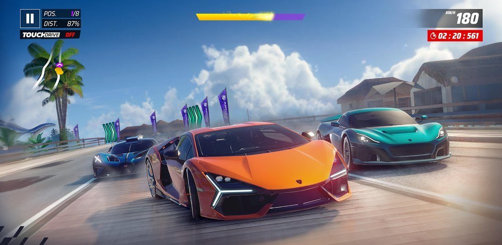 Three supercars racing side by side on a coastal road in Asphalt Legends Unite