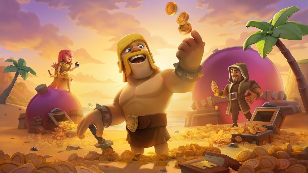 Clash of Clans artwork of a barbarian and other troops on a sunlit beach beside treasure