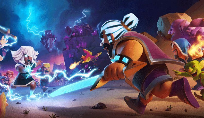 Clash of Clans troops battling amid spell light and torch flame