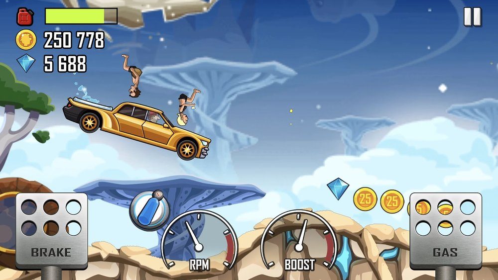 Hill Climb Racing 2 gameplay launching a car off a snowy ramp