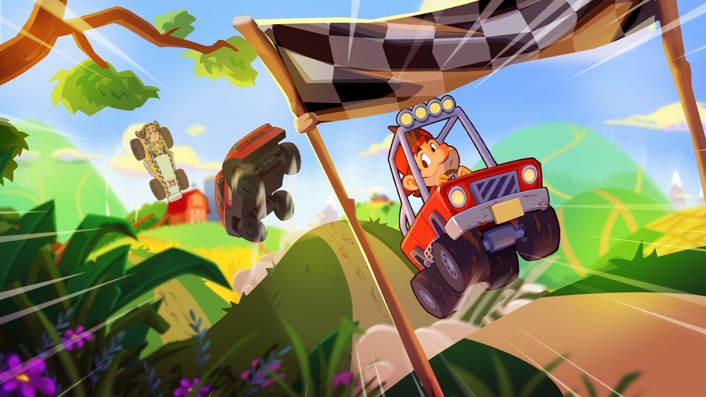 Hill Climb Racing 2 artwork of a jeep jumping a wooden ramp