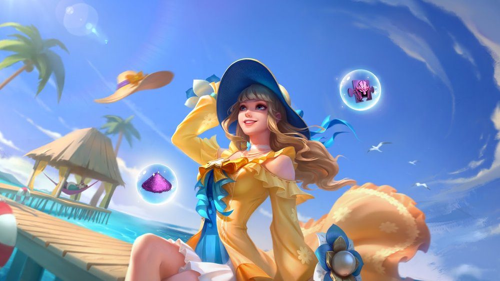 Mobile Legends: Bang Bang character artwork set on a beach