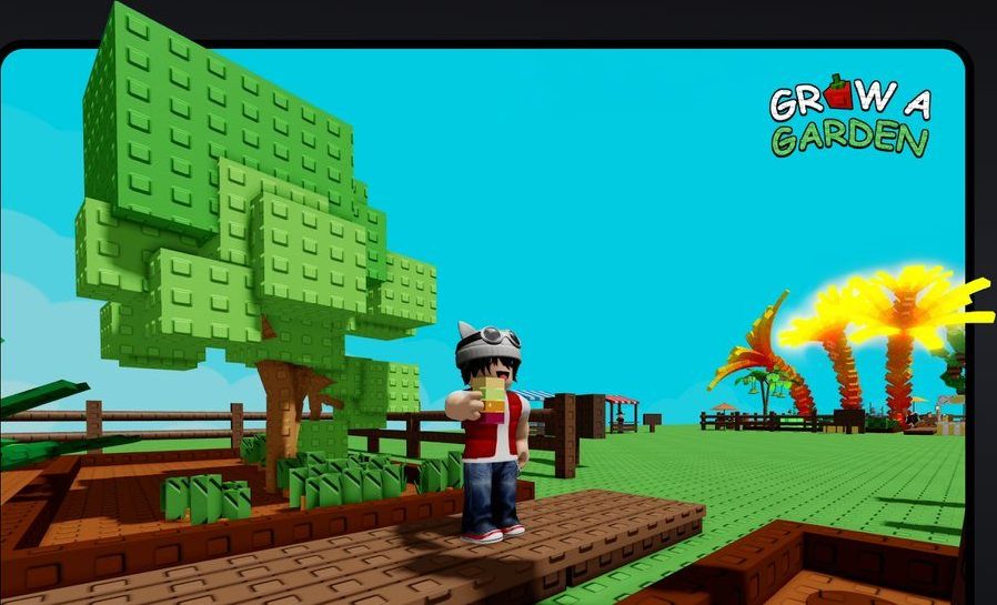 A Roblox avatar standing on a plot beside a large blocky tree in Grow a Garden