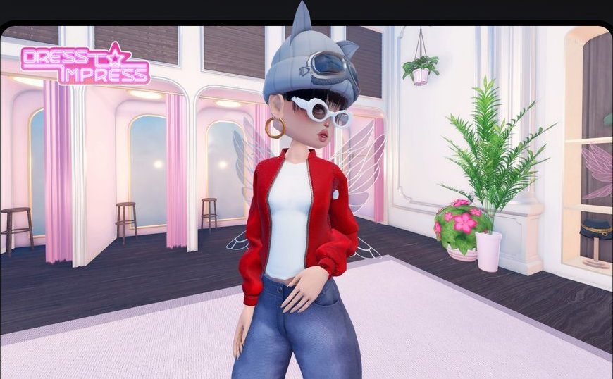 A customised Roblox avatar standing inside a bright shop interior