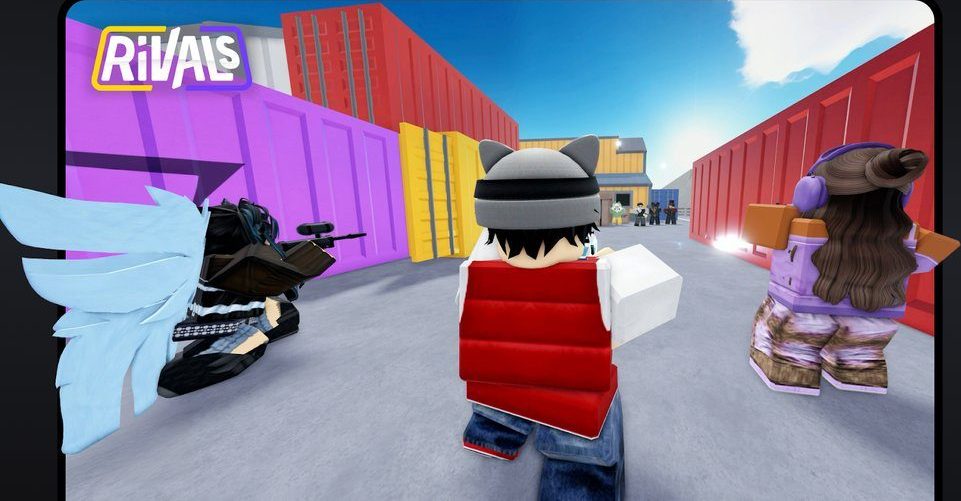 Roblox avatars facing each other in a shipping-container arena in Rivals